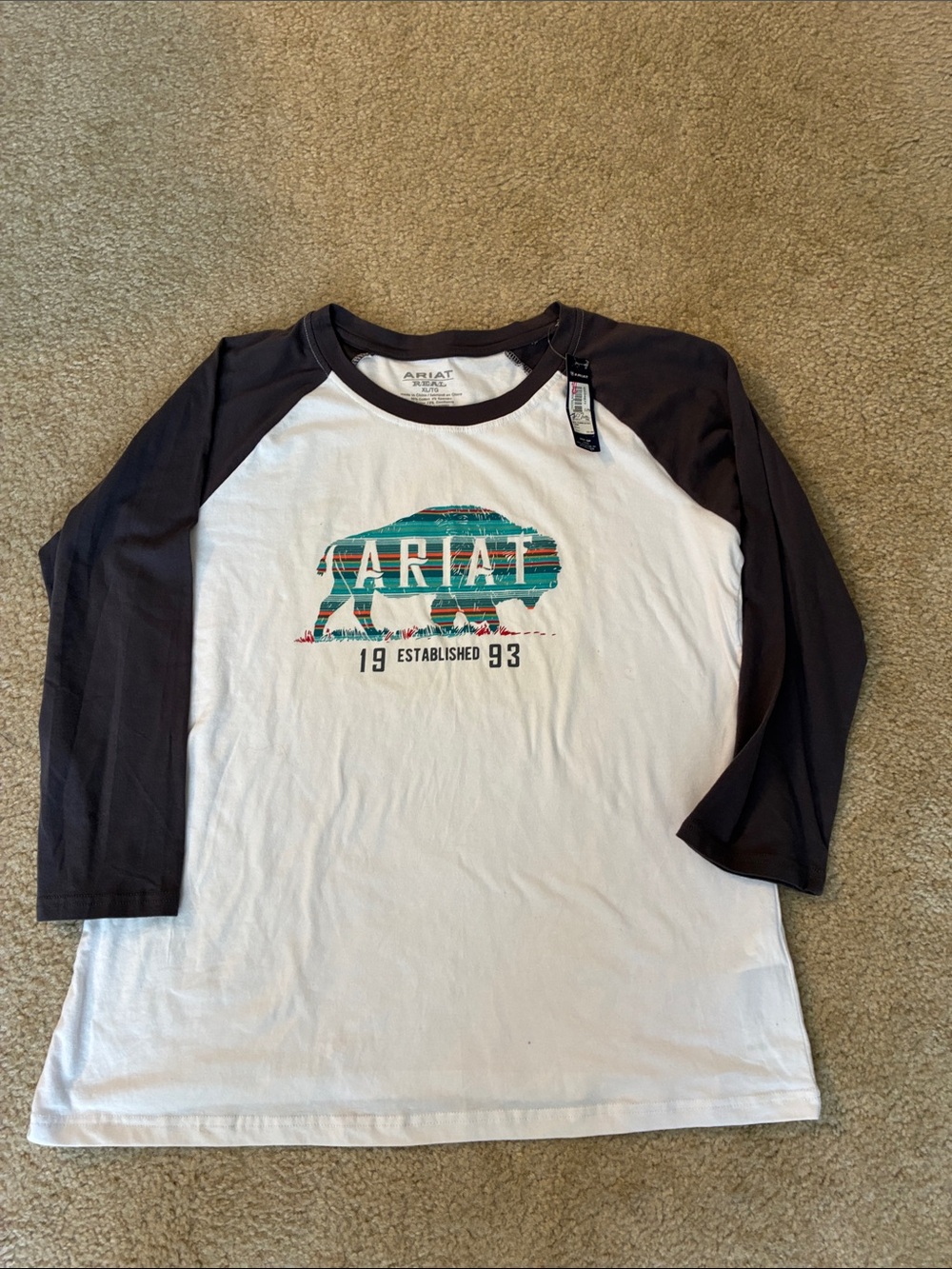 Ariat White Tee with Black Raglan Sleeves and Teal Graphic